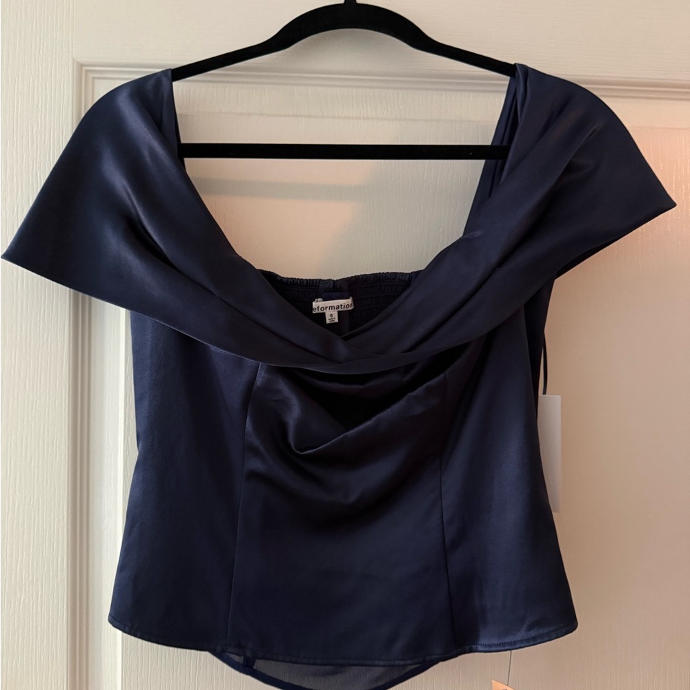 Reformation Navy Satin Off-Shoulder Cowl Neck Top